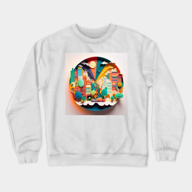 3D Effect Papercut Art - Cityscape Scene Crewneck Sweatshirt by TheArtfulAI